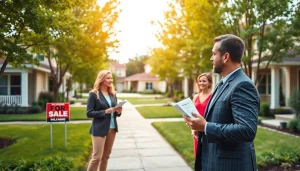 Real Estate agent presenting a beautiful home to potential buyers in a welcoming setting.