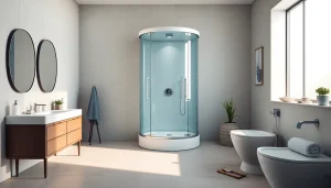 Admire the modern sirhona shower cabin enhancing the elegance of this stylish bathroom.