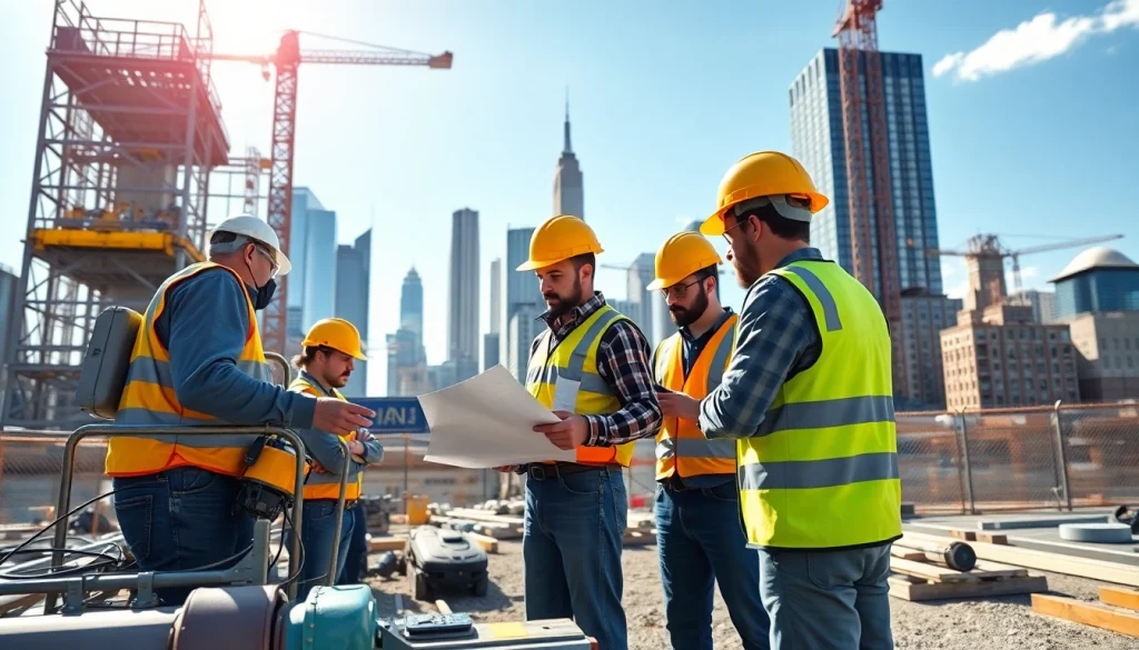 Showcasing a New York General Contractor managing a bustling construction site with city skyline backdrop.