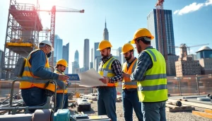 Showcasing a New York General Contractor managing a bustling construction site with city skyline backdrop.
