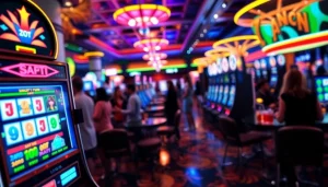 Slot mesin dengan jackpot dan pemain yang bersemangat di kasino