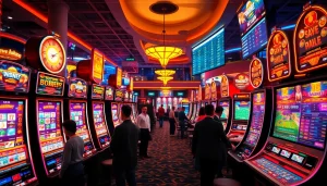 Menangkan bandar bola slot dengan suasana kasino yang ceria dan mesin slot yang menyala.