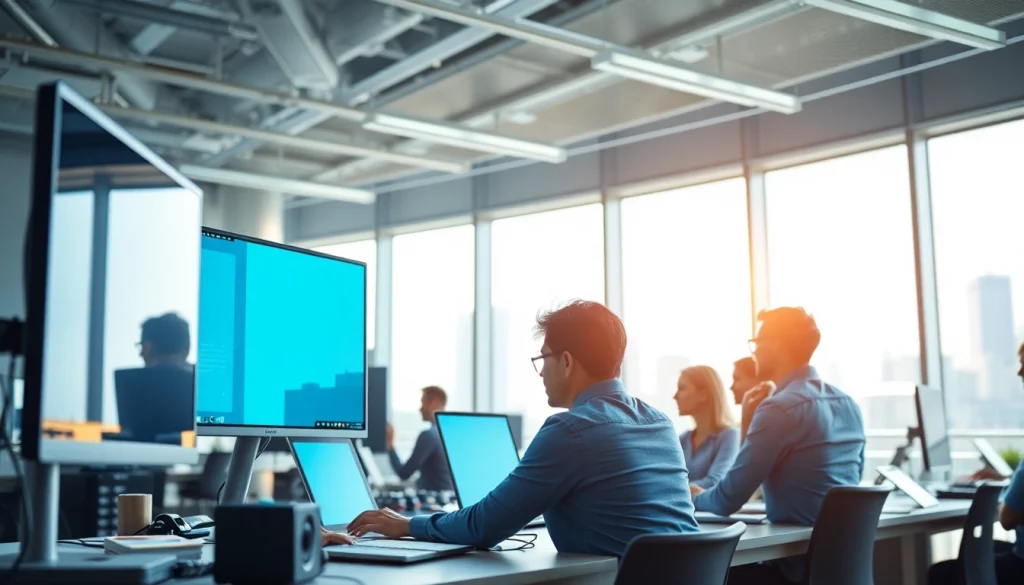 Showcasing Technology innovations and collaboration in a modern workspace environment.