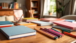 Shop high-quality stationery online UK featuring vibrant notebooks and elegant pens in a cozy workspace.