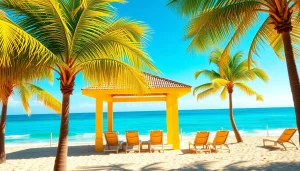 Relaxing coastal cabana on the beach with palm trees and inviting chairs.