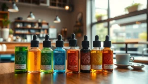 Vaporizer liquid bottles in einem Café-Setting mit gutem Design und freundlichen Farben.
