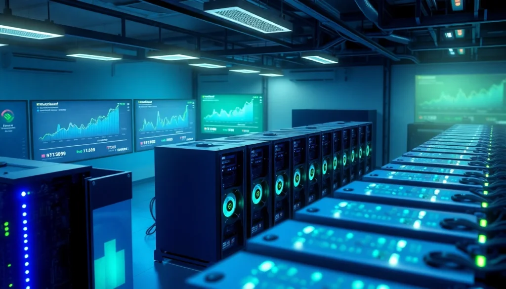 Crypto mining farm with advanced rigs and digital analytics screens.