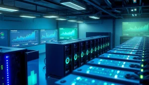 Crypto mining farm with advanced rigs and digital analytics screens.