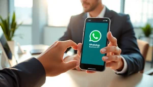 Showcasing the WhatsApp Business API in action on a smartphone held in a professional's hand.