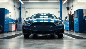 Smog Check process in progress with a car in a bright automotive shop environment.