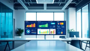 Monitor showing analytics of smm panel in a sleek office environment.