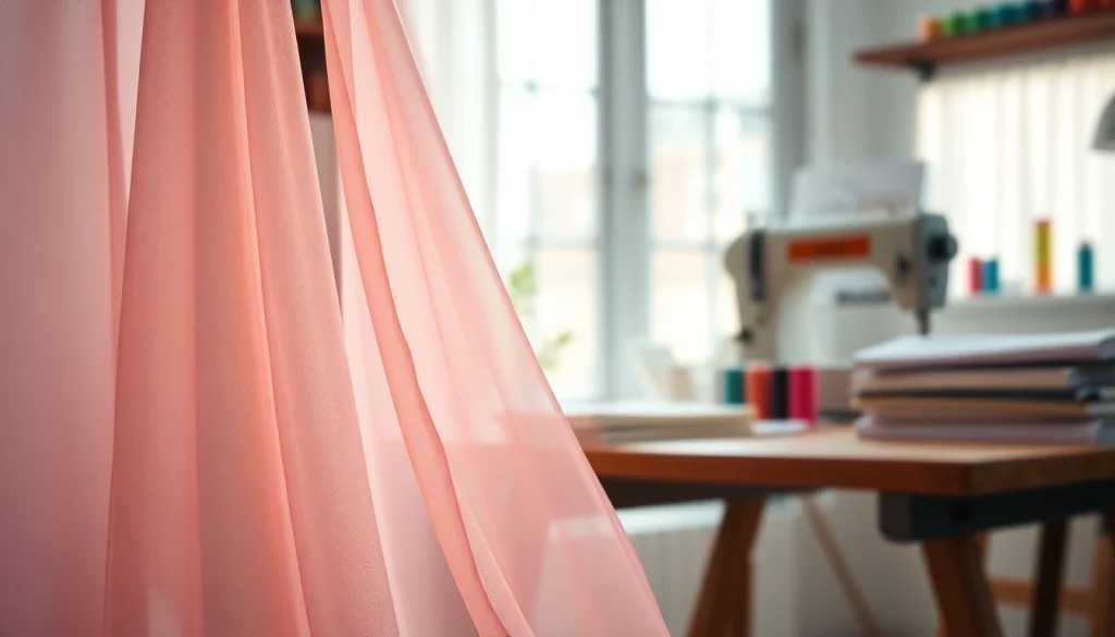 Mousseline stof schitterend uitgestald met delicate textuur in een naaiatelier.