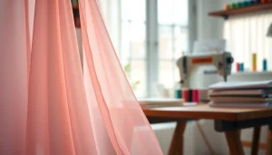 Mousseline stof schitterend uitgestald met delicate textuur in een naaiatelier.