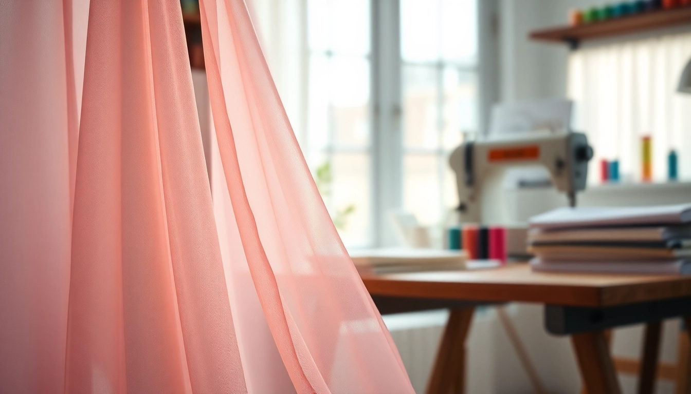 Mousseline stof schitterend uitgestald met delicate textuur in een naaiatelier.