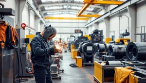 Workers expertly crafting metal in a steel fabrication shop with advanced tools and safety equipment.