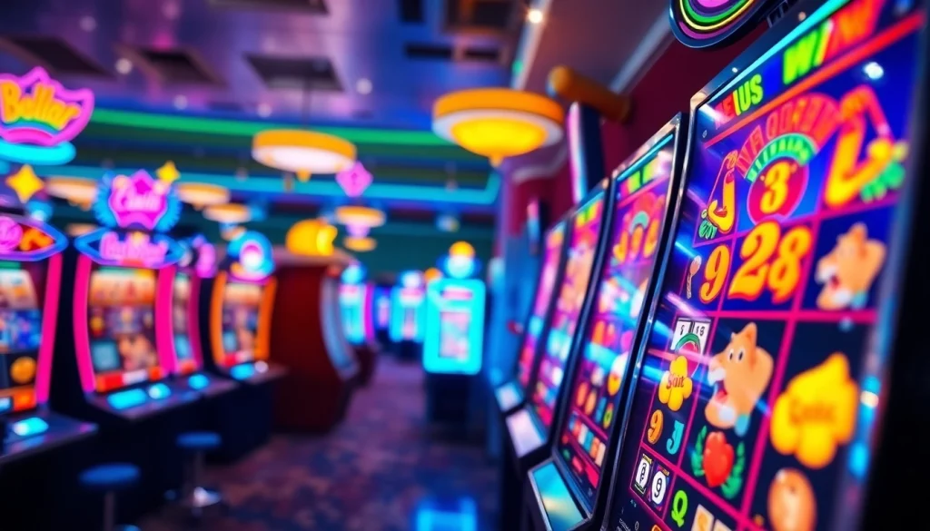 Players excitedly engaging with a Free Credit Slot machine in a colorful casino environment.