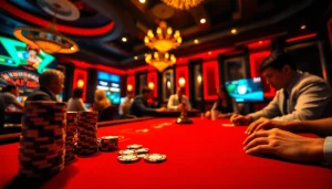 Engaging poker players at a vibrant casino table featuring birutoto-themed decor.
