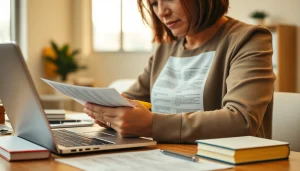 Tradutor juramentado focused on legal document translation in a modern office.