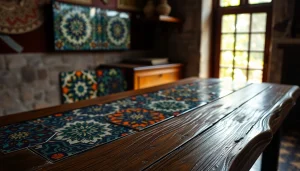 Superbes carreaux de zellige aux motifs complexes sur une surface en bois, mettant en valeur des designs marocains vibrants.