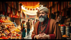 Job Charnock representing the founder kolkata in a bustling historical marketplace.