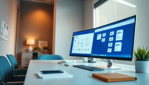 WPS下载 interface displayed on a sleek computer in a modern office setting.