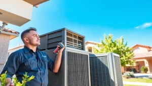 Providing ac repair mesa az services with a professional technician inspecting a unit.