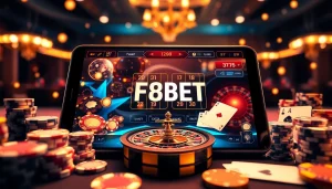 Experience the excitement of gambling with Link F8BET in a luxurious casino scene, featuring poker chips and roulette wheels.