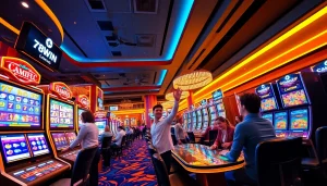 Engaging scene at the พอร์ทัลเกม 78WIN showcasing diverse gaming activities in a vibrant casino atmosphere.