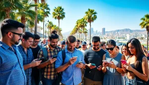 Engage in sports betting California with enthusiastic bettors using mobile apps in a lively setting.