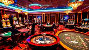 Exciting gambling action at a luxurious casino with tables and slot machines, showcasing https://rr88.gratis/ experience.