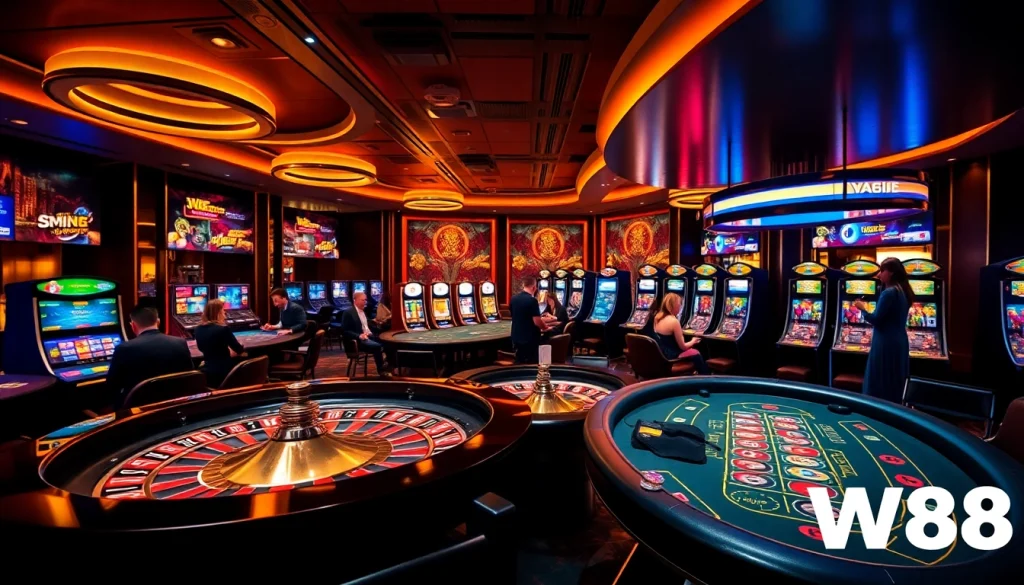 W88 casino table game experience showcasing poker chips and engaging players in action.