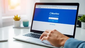 Access the BlueVine login page safely with a secure hand on a keyboard in a bright workspace.