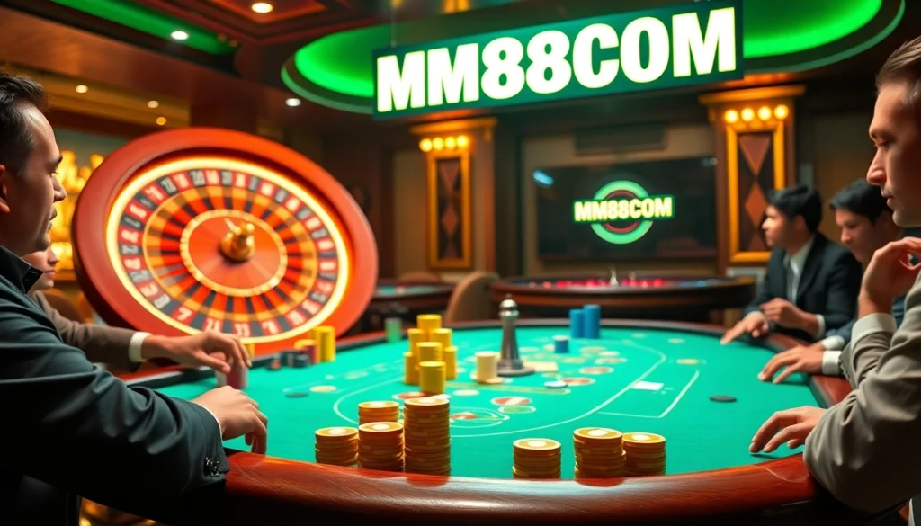 Experience thrilling poker action at MM88COM with colorful chips and a roulette wheel.