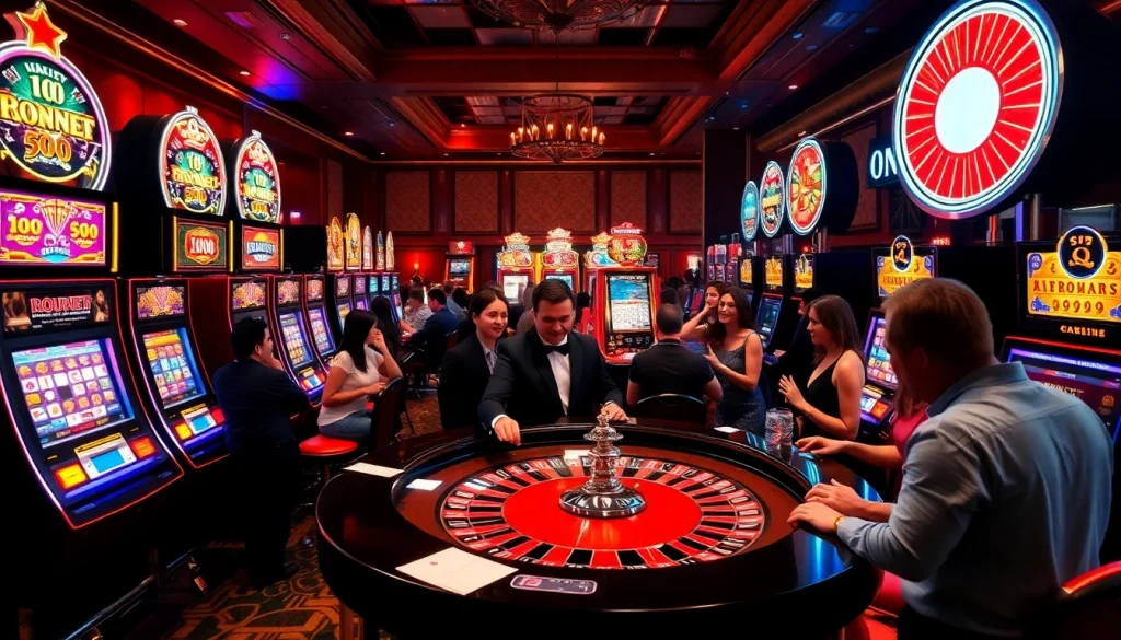 Exciting slot community scene featuring vibrant slot machines and a professional dealer.