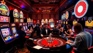 Exciting slot community scene featuring vibrant slot machines and a professional dealer.