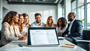 Engaging in a professional resume review near me, a team collaborates on resumes in a bright office.