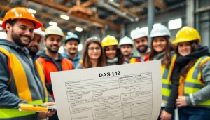 DAS 142 form prominently displayed as apprentices receive training on proper usage in a professional construction setting.