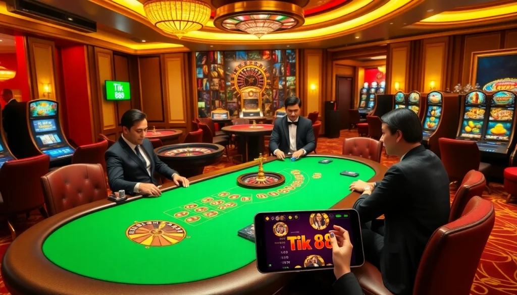 Người chơi trải nghiệm sự hồi hộp tại casino Tik 88 với bàn poker sống động và các máy đánh bạc.