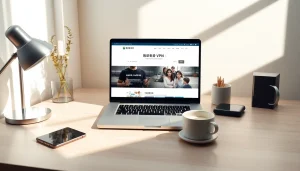 快连官网 displayed on a laptop in a clean, professional workspace.