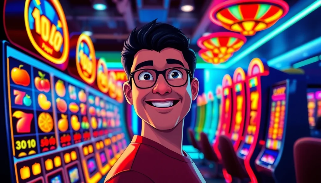 Mengambil kesempatan dalam permainan slot depo 1000 dengan mesin slot berwarna-warni dan suasana ceria.