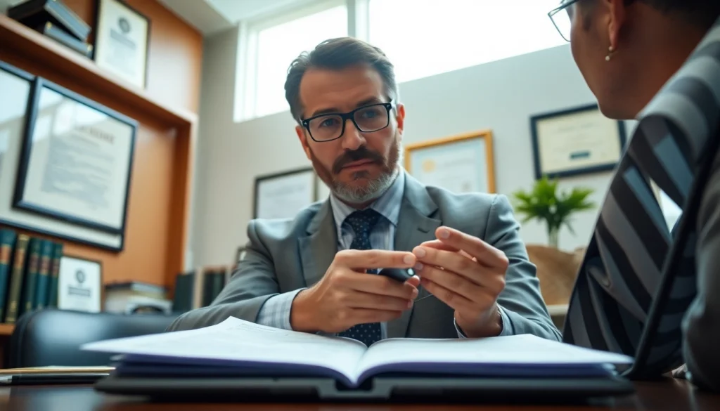 Consulting with an eminent domain lawyer in a professional office setting over property issues