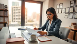 Traducteur assermenté espagnol professionnel examinant des documents dans un cadre de bureau moderne