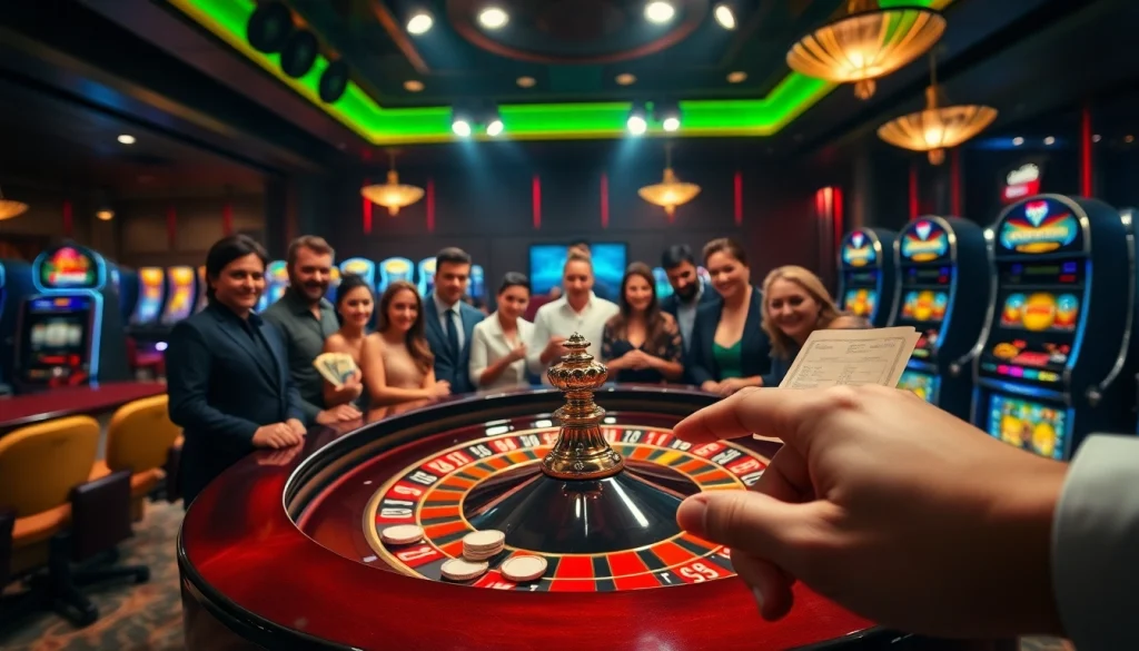 Experience the thrill of net win at a luxurious casino with vibrant slot machines and roulette.