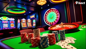 I9bet players enjoying a thrilling online casino experience with vibrant slot machines and casino tables.