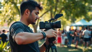 Videographer adjusting camera settings while capturing moments in a scenic outdoor event.