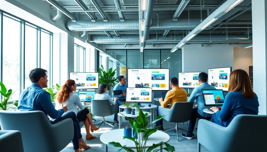 Creative team collaborating on thiết kế web solutions in a modern office.