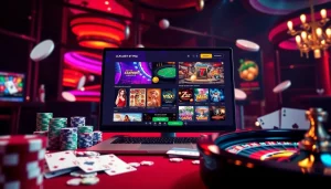 Experience high-stakes excitement with EV88's online casino interface amidst vibrant gambling elements.