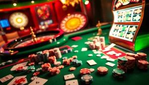 Luck8 players enjoying a dynamic casino experience with poker chips and a winning roulette wheel.