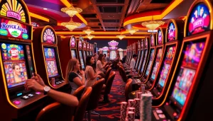 Players enjoying a vibrant casino atmosphere with slot bet kecil bets and bright slot machines.