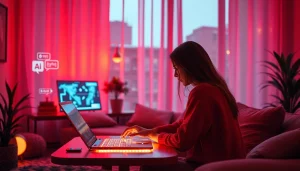 Couple engaged with AI technology in a warm, inviting setting, exploring the concept of sex ai.